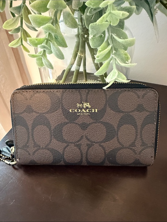 Coach Handbags - Coach Brown and Black Signature Zip Wallet with Gold Logo